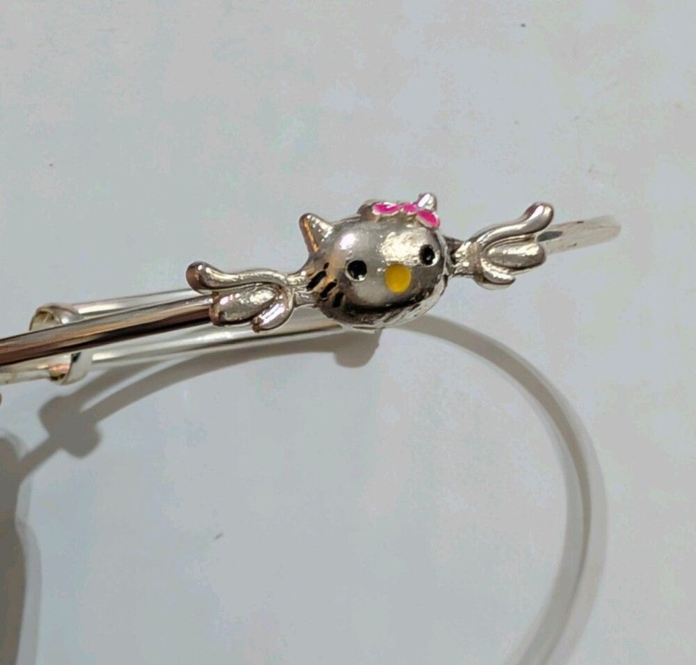 Silver Wire Expandable Bangle Bracelet Hello Kitty Angel Wings Pink Bow